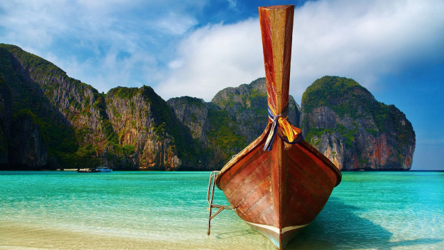 Boat beach mountain ocean bridge free wallpaper for desktop - medium preview image