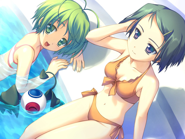 Anime girls beach bikini pool free wallpaper for desktop - medium preview image
