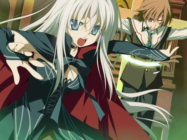 Whitehair blueeyes angry schooluniform outstretchedarm free wallpaper for desktop - medium preview image