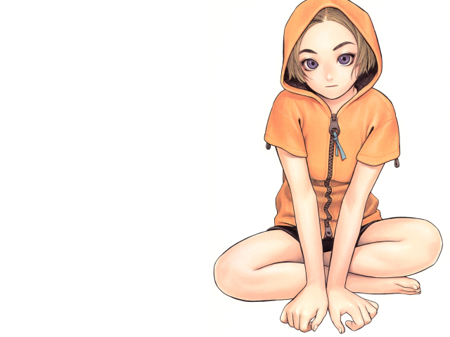 Girl hoodie sitting phone barefoot free wallpaper for desktop - medium preview image