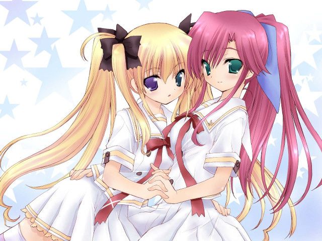 Anime girls hug stars long free wallpaper for desktop - medium preview image