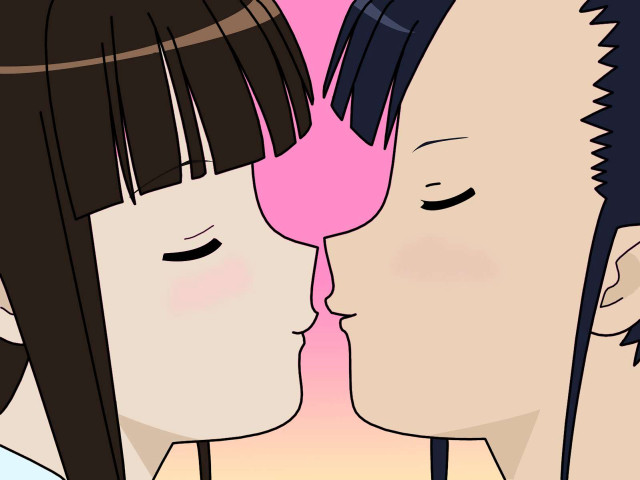 Kissing couple pink background anime free wallpaper for desktop - medium preview image