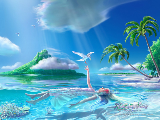 Woman ocean floating bird dreamlike free wallpaper for desktop - medium preview image