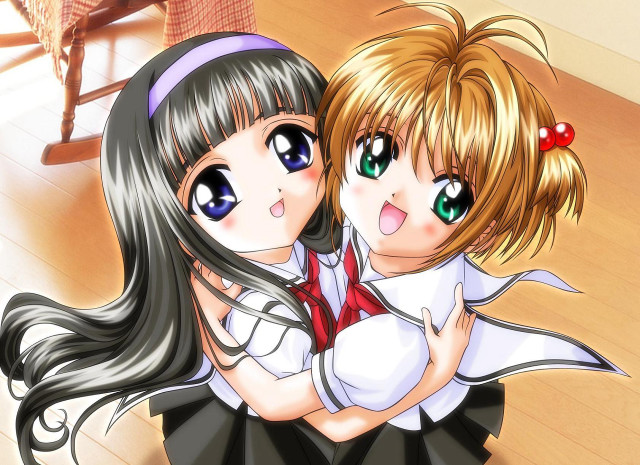 Anime girls hug school uniform free wallpaper for desktop - medium preview image