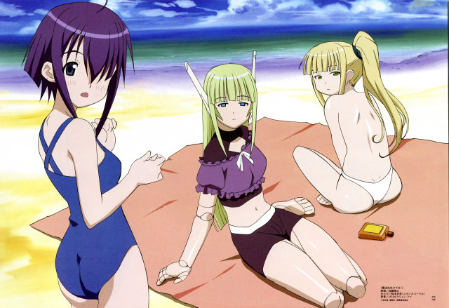 Three anime girls beach bottle free wallpaper for desktop - medium preview image