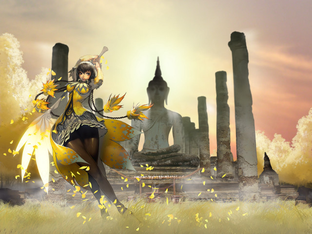 Yellow outfit field statue bird free wallpaper for desktop - medium preview image