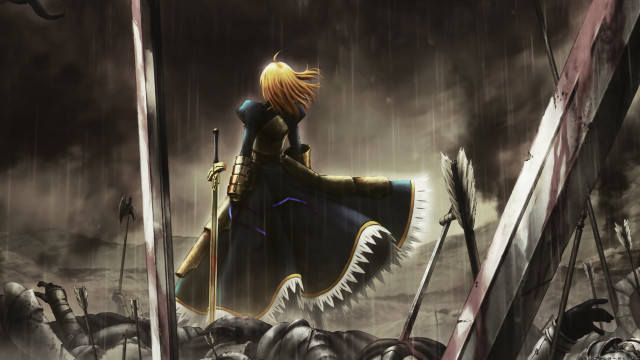 Man standing swords rain sword free wallpaper for desktop - medium preview image