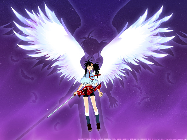 Girl wings sword purple background free wallpaper for desktop - medium preview image
