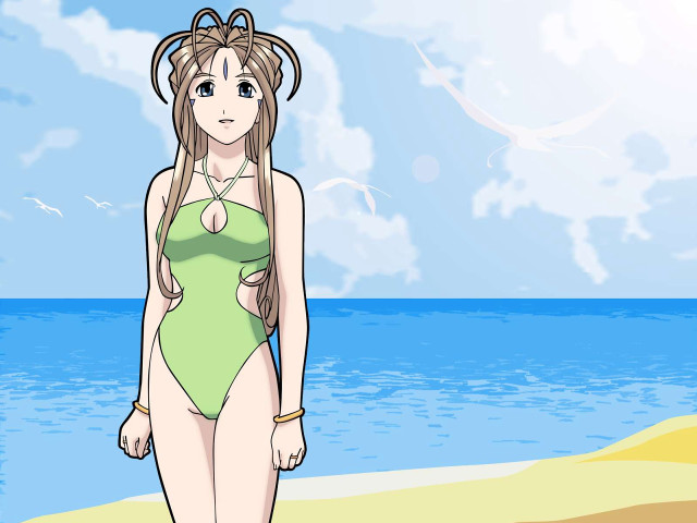 Cartoon girl beach ocean bird free wallpaper for desktop - medium preview image