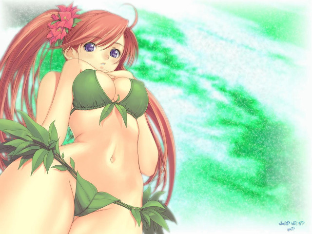 Cartoon woman redhair greenbikini leaves free wallpaper for desktop - medium preview image