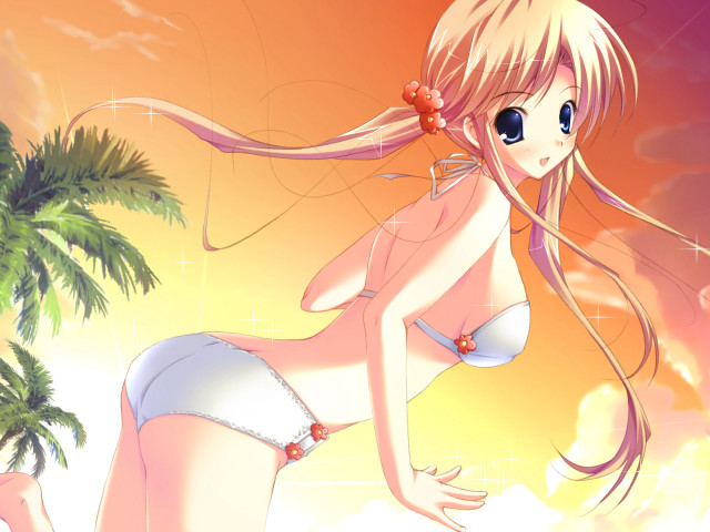 Cartoon girl beach palm sunset free wallpaper for desktop - medium preview image