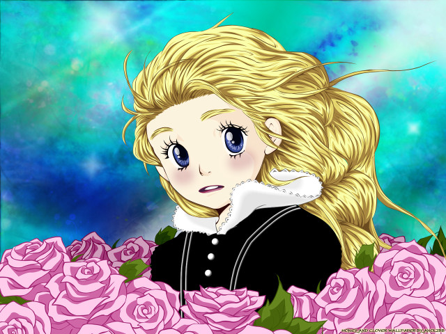 Blonde girl pink roses blue free wallpaper for desktop - medium preview image