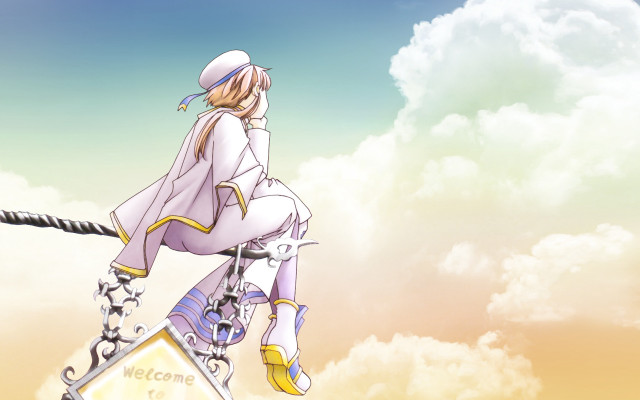Woman sitting pole clouds sky free wallpaper for desktop - medium preview image