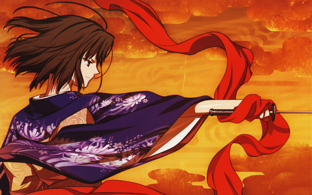 Woman kimono sunset sword floral free wallpaper for desktop - medium preview image