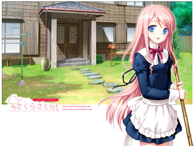 Pink haired girl broom garden free wallpaper for desktop - medium preview image