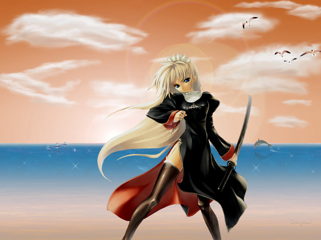 Gothic anime woman sword beach free wallpaper for desktop - medium preview image