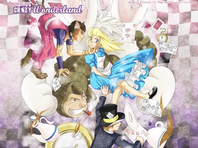 Alice in wonderland cartoon checkered free wallpaper for desktop - medium preview image