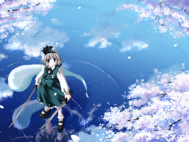 Girl green dress flying sword free wallpaper for desktop - medium preview image