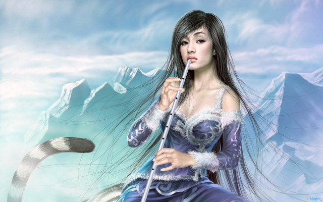 Woman blue dress white staff free wallpaper for desktop - medium preview image
