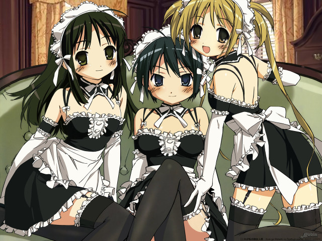 Three anime maid girls green free wallpaper for desktop - medium preview image