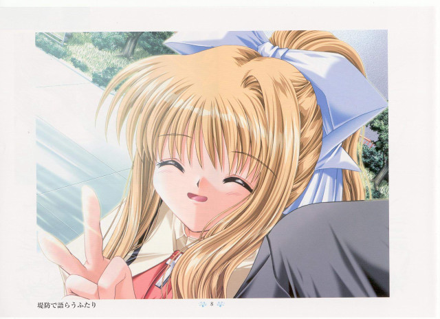 Blonde girl peace sign blue free wallpaper for desktop - medium preview image