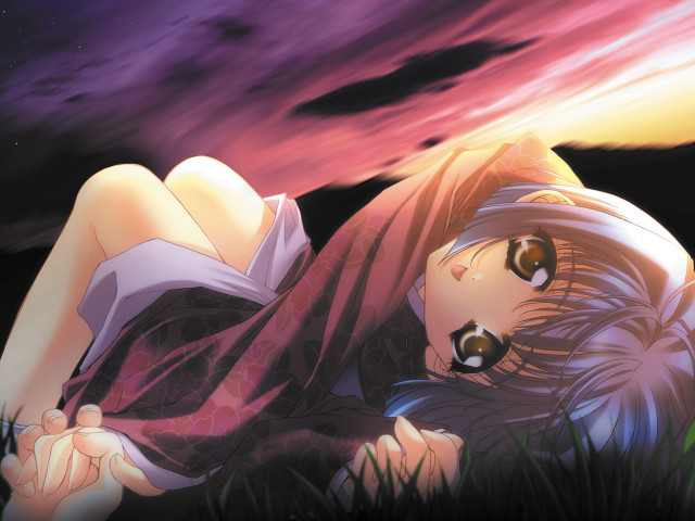 Girl grass blowing wind anime free wallpaper for desktop - medium preview image