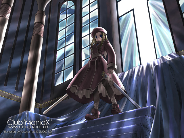 Woman sword building clouds manga free wallpaper for desktop - medium preview image