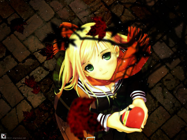 Anime girl green eyes red free wallpaper for desktop - medium preview image