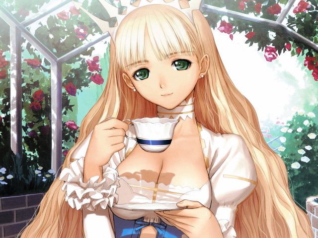 Blonde woman coffee flower background free wallpaper for desktop - medium preview image