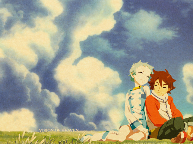 Anime boys sitting grassfield cloudy free wallpaper for desktop - medium preview image