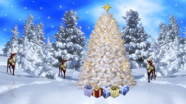 Christmas tree presents deers snow free wallpaper for desktop - medium preview image