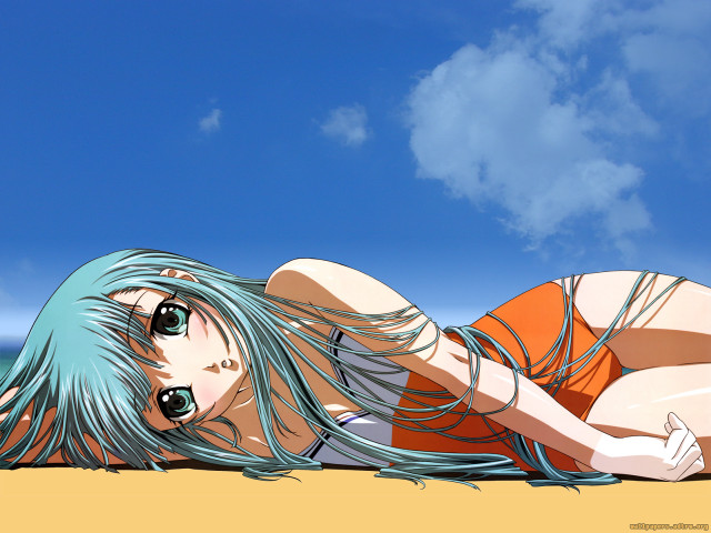 Blue hair woman beach sky free wallpaper for desktop - medium preview image