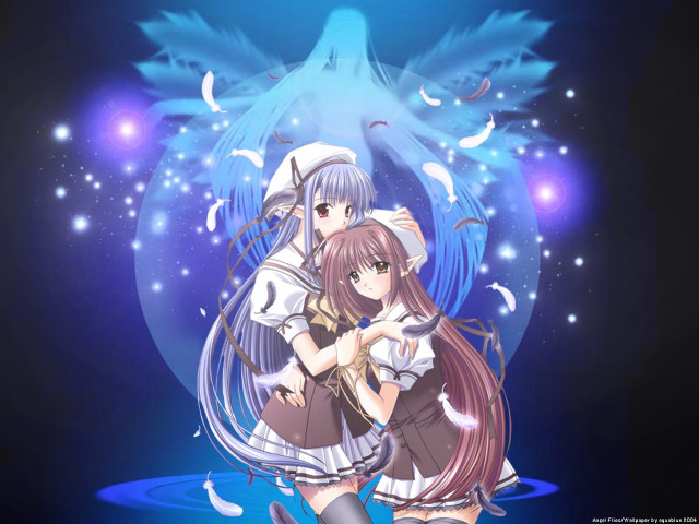 Anime hugging angel birds moon free wallpaper for desktop - medium preview image