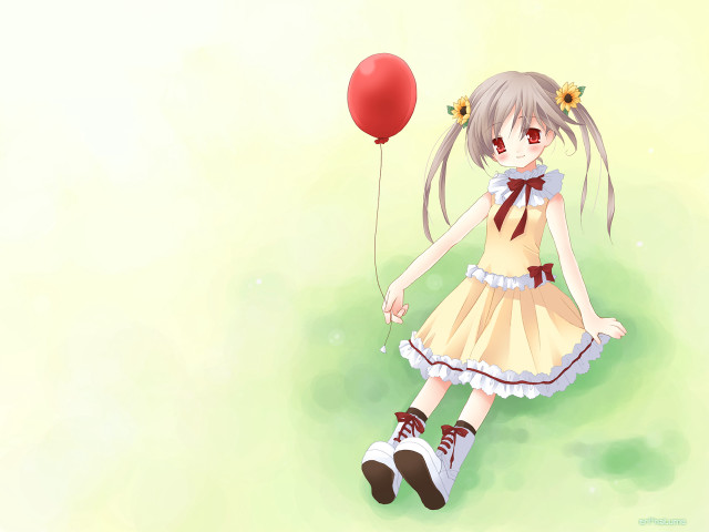 Girl redballoon greenyellow background anime free wallpaper for desktop - medium preview image