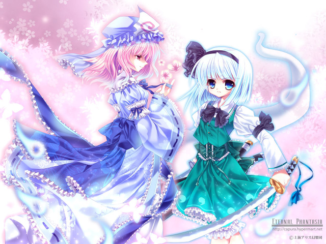Anime girls blue white swords free wallpaper for desktop - medium preview image