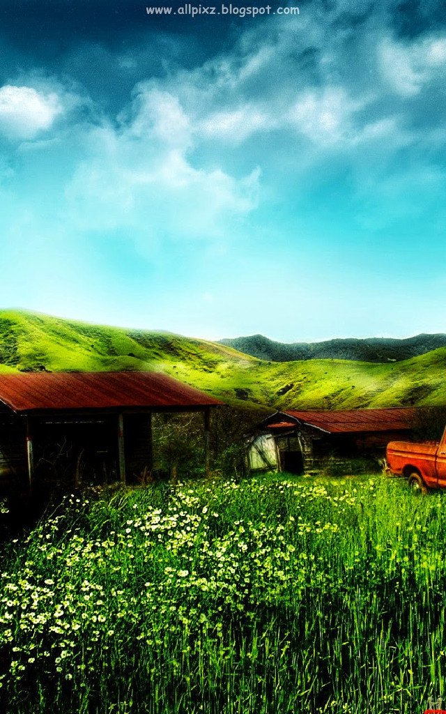 Red truck field green grass free wallpaper for mobile - medium preview image
