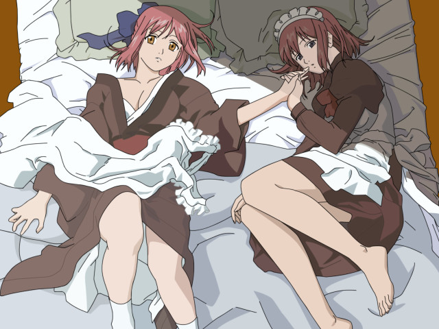 Two anime girls bed pillow free wallpaper for desktop - medium preview image