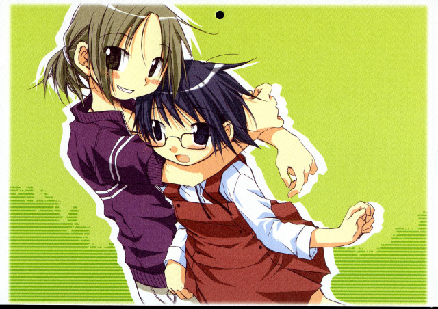 Anime hugging girls green background #2 free wallpaper for desktop - medium preview image