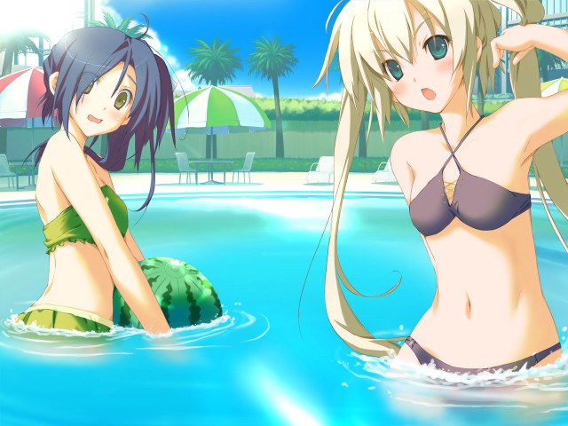 Anime girls pool beach bikini free wallpaper for desktop - medium preview image