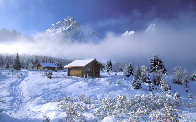 Snowy cabin mountains forest water free wallpaper for desktop - medium preview image
