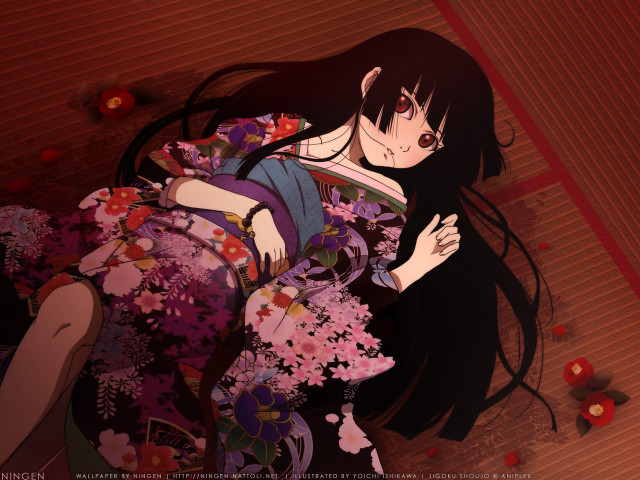 Gothic anime kimono flower portrait free wallpaper for desktop - medium preview image