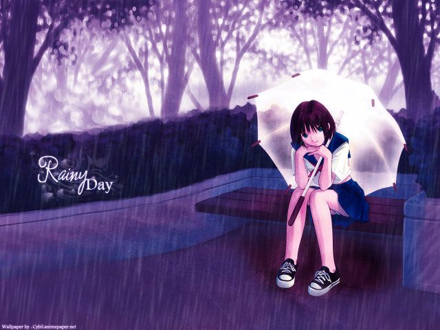 Girl bench rain umbrella cat free wallpaper for desktop - medium preview image