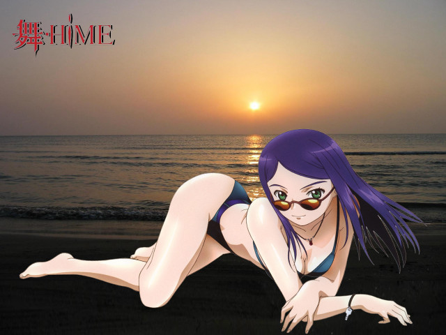 Beach sunset anime greeneyes purplehair free wallpaper for desktop - medium preview image