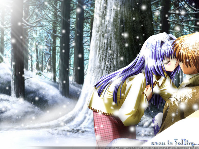 Couple kissing snow forest winter free wallpaper for desktop - medium preview image