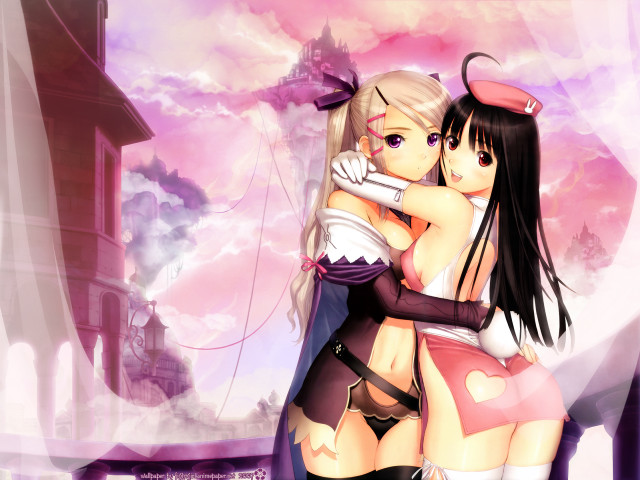 Anime girls hug pink sky free wallpaper for desktop - medium preview image