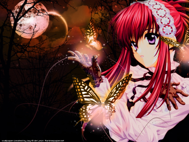 Red haired girl butterfly fullmoon free wallpaper for desktop - medium preview image