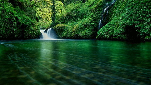 Waterfall green forest boat water #2 free wallpaper for desktop - medium preview image