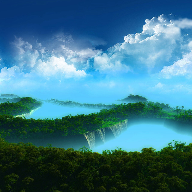 River trees clouds waterfall painting free wallpaper for tablet - medium preview image