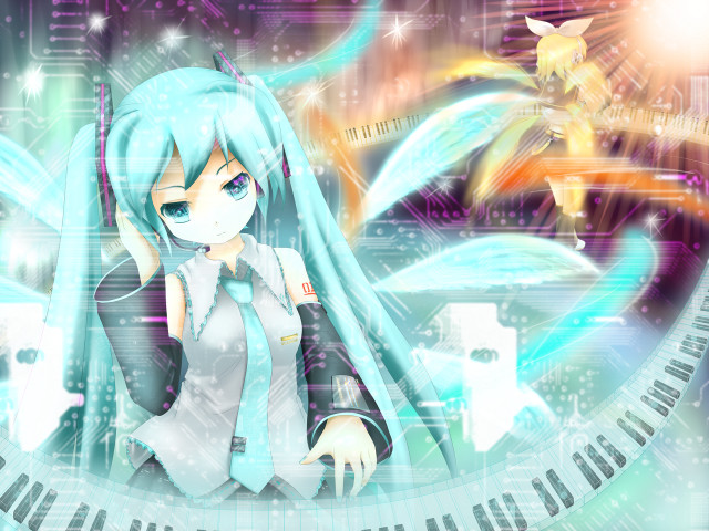 Anime girl blue hair piano free wallpaper for desktop - medium preview image