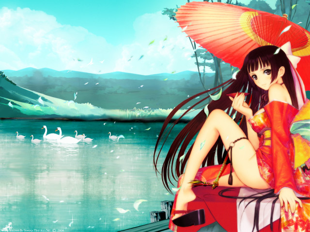 Woman bench umbrella water anime free wallpaper for desktop - medium preview image